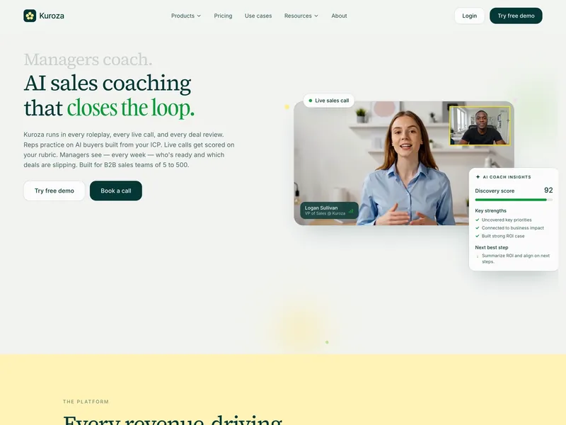 Kuroza, an AI sales coaching page