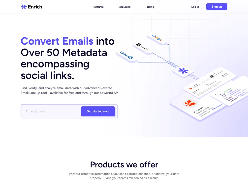 Enrich Labs website illustrating email lookup, connected profiles and contact data