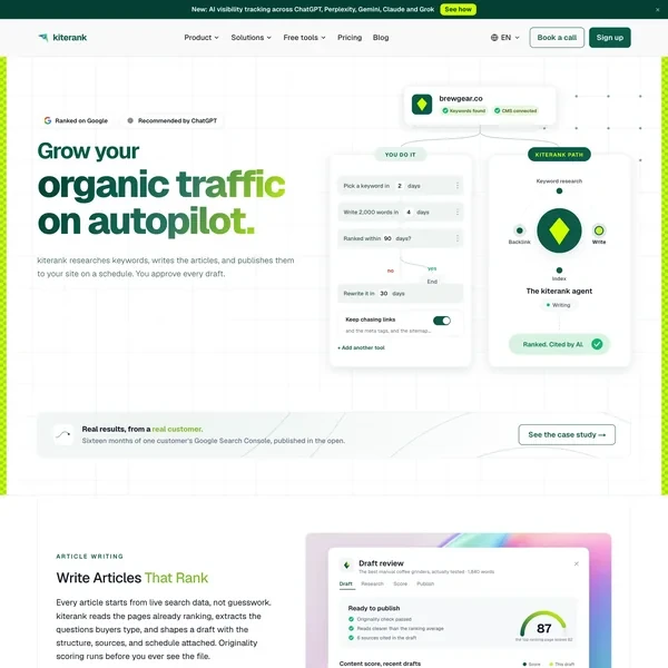 Kiterank search platform website with its content workflow and article scoring interface