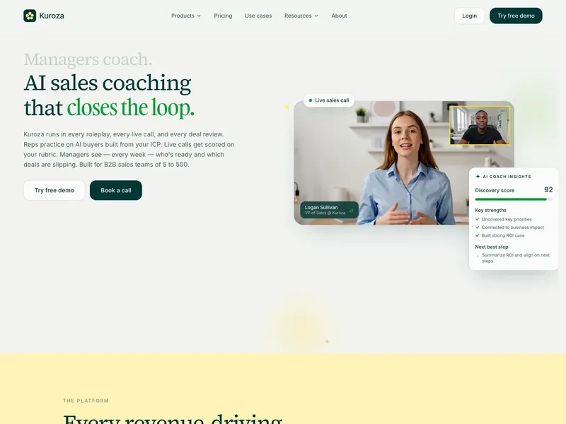 Kuroza website showing a live sales call and an AI coaching scorecard