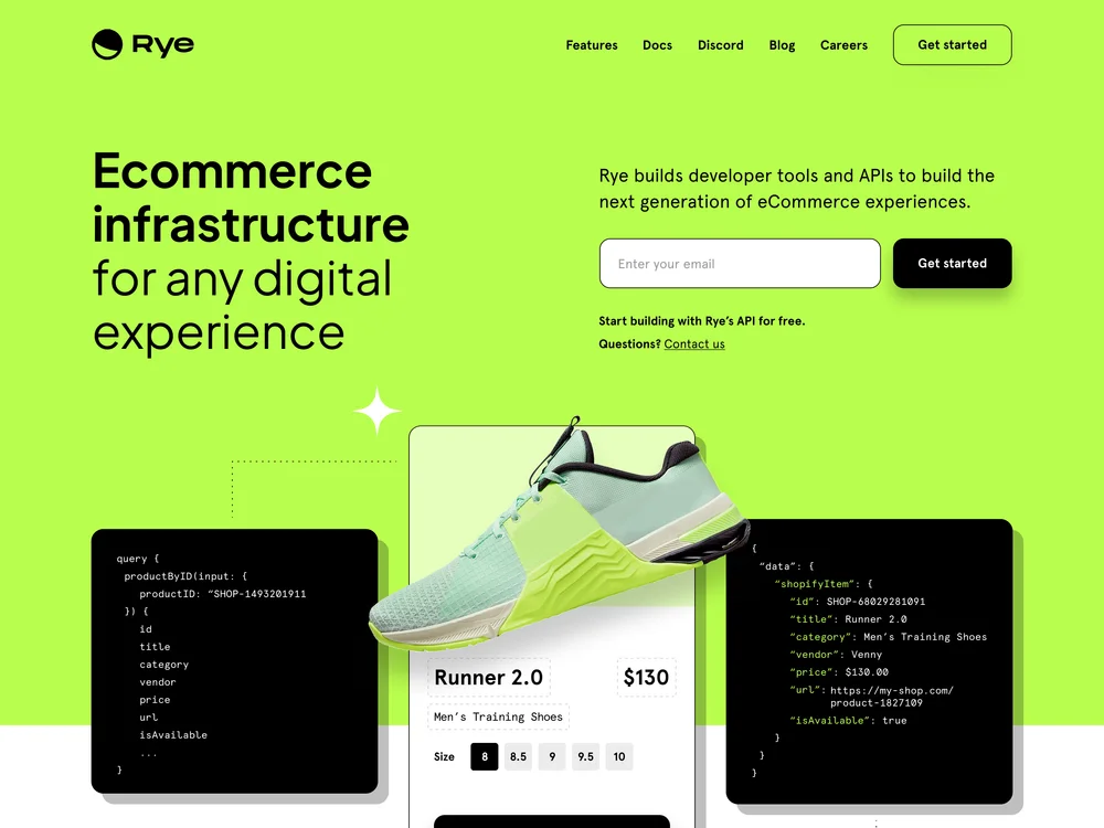 Lime-green Rye website with code snippets, a product preview and checkout interface